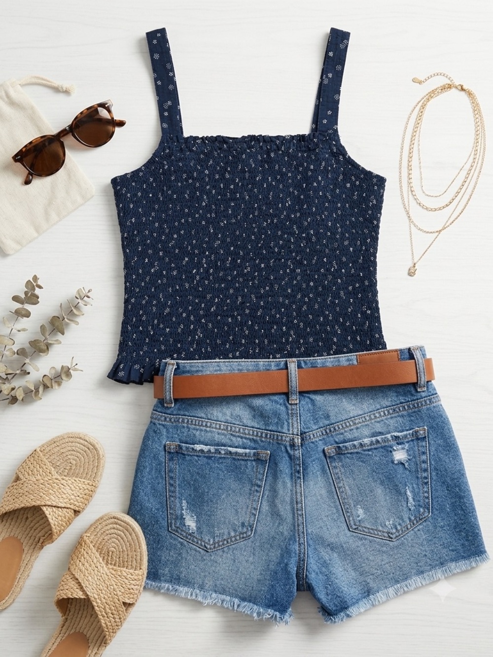 Madewell Smocked Navy Blue Floral Tank Top S Ruffled Hem Cami Boho Cottagecore